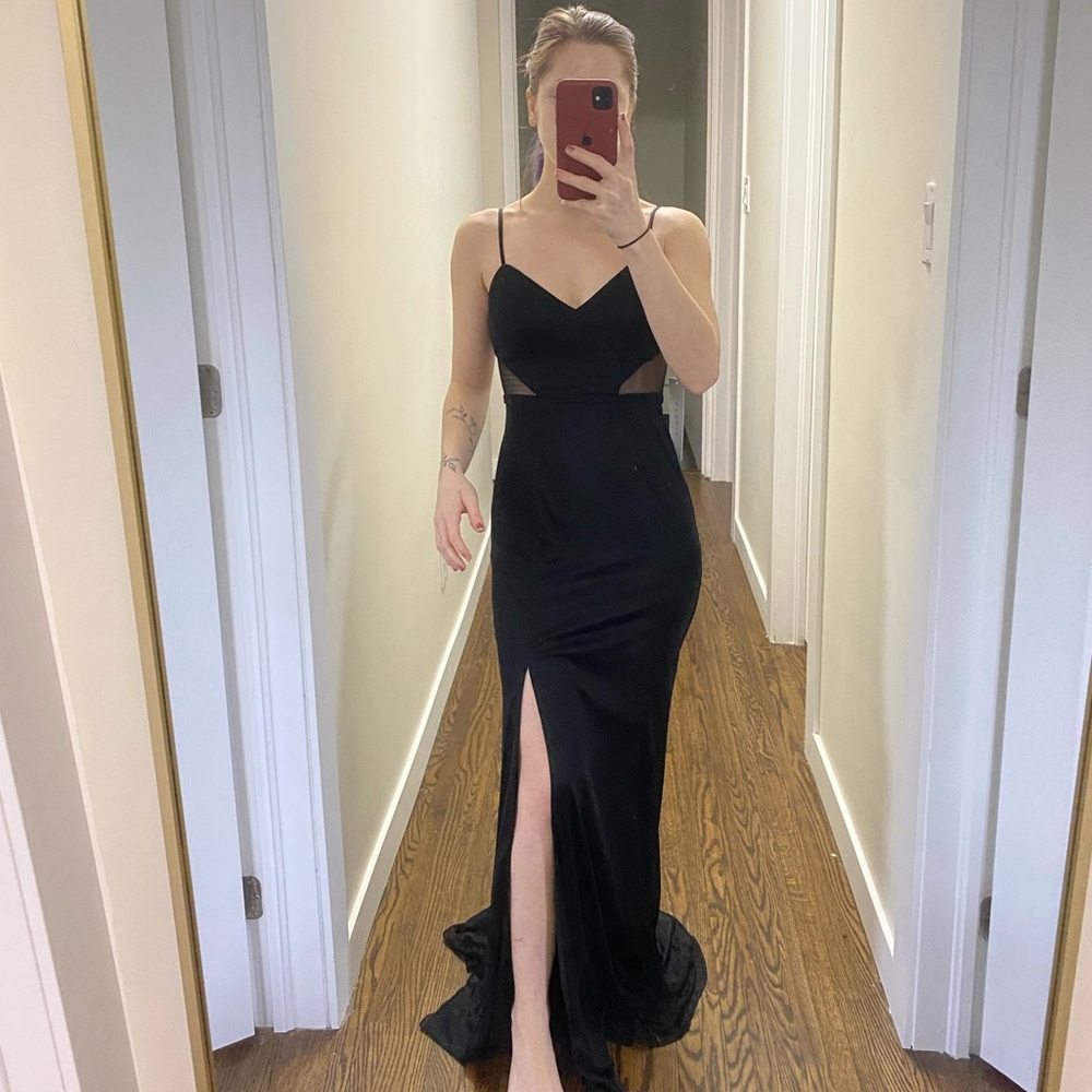 Black evening gown with mesh - full length prom / wedding guest / formal dress